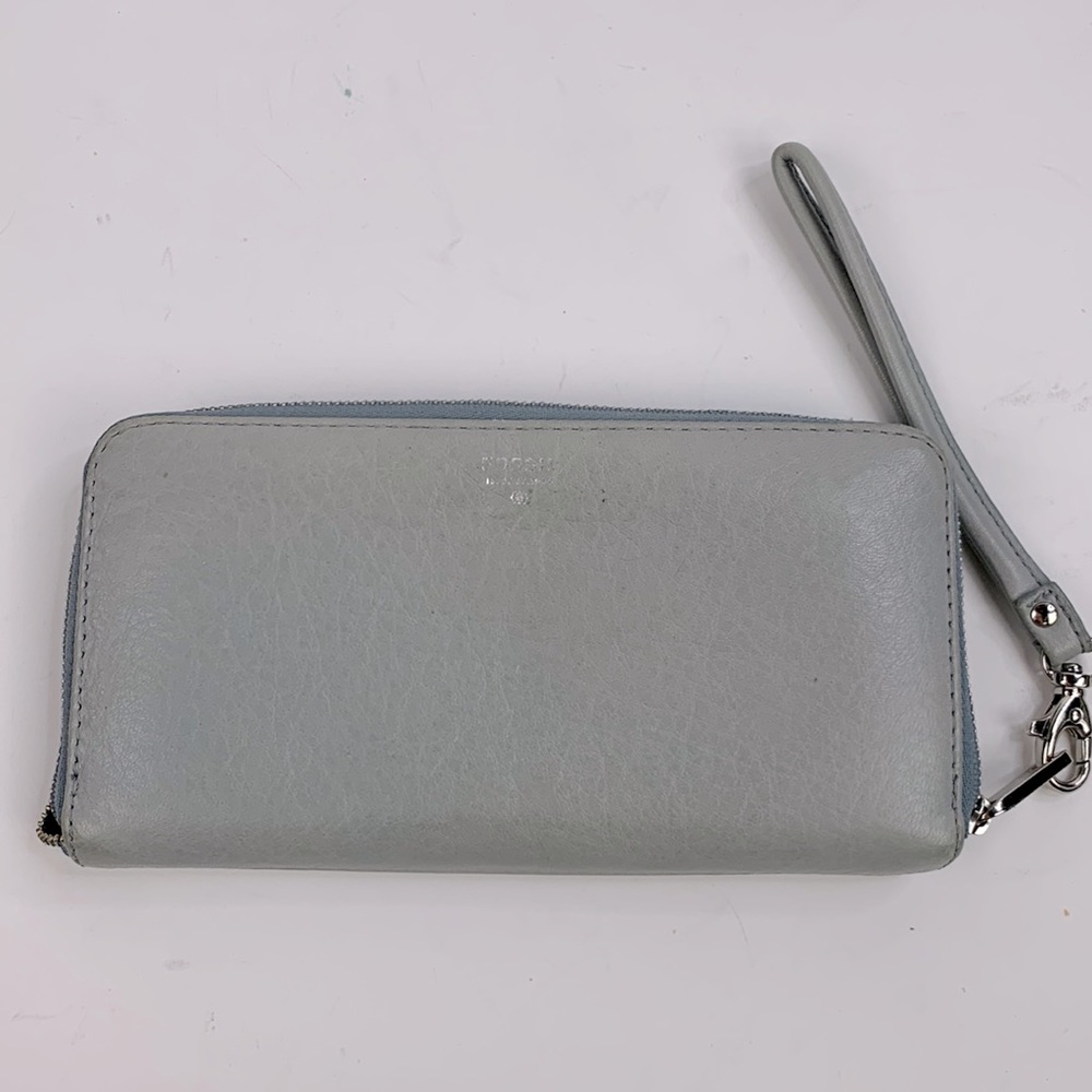 Fossil Leather zip around wallet wristlet Light gray blue with turquoise